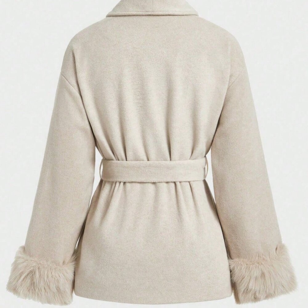 Khaki Casual Women's Elegant Long Sleeve  Faux Fur trimmed Warm jacket Coat - Picture 7 of 9